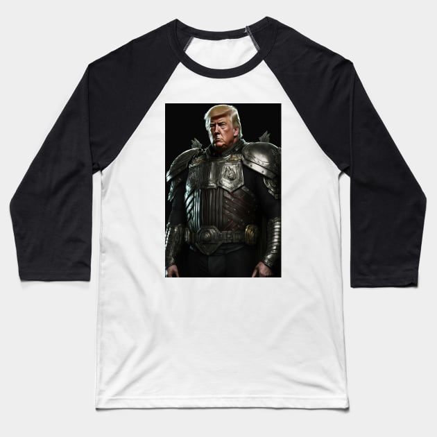 Donald Trump in Full Body Armor Baseball T-Shirt by TortillaChief